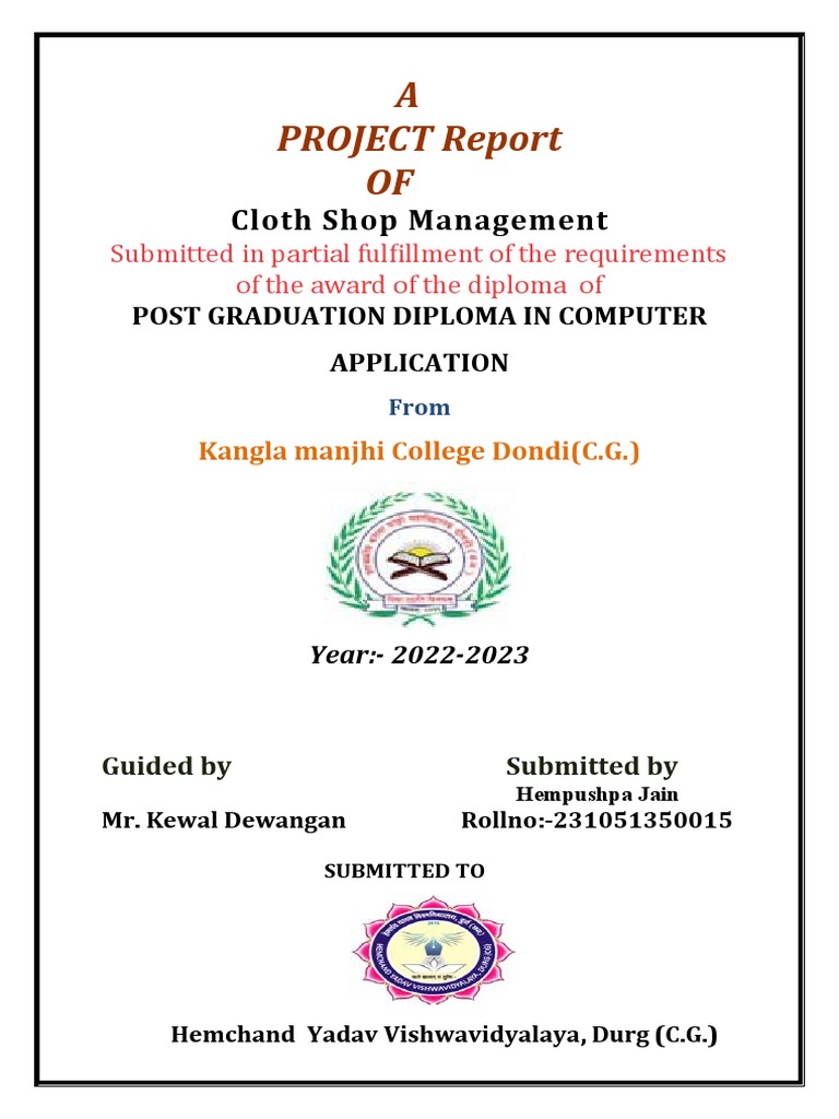 Cloth Shop Management Project Report | PDF | Microsoft Access | Databases