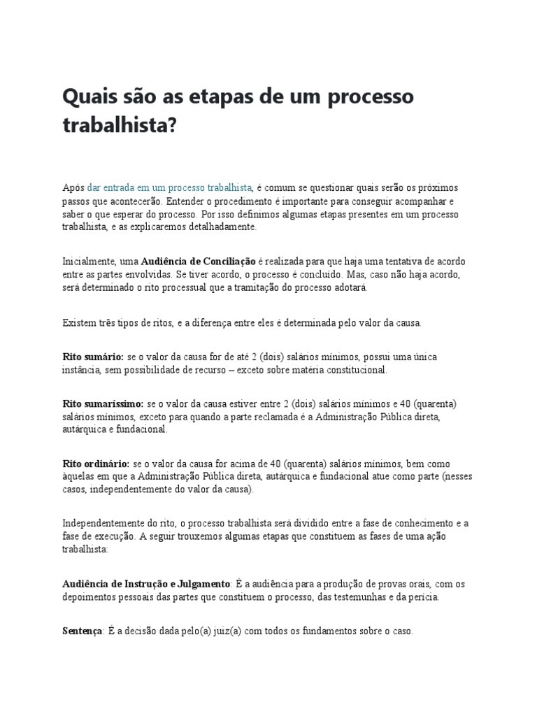Etapas do Processo Trabalhista | PDF | Sentença (jurídico) | Salário mínimo