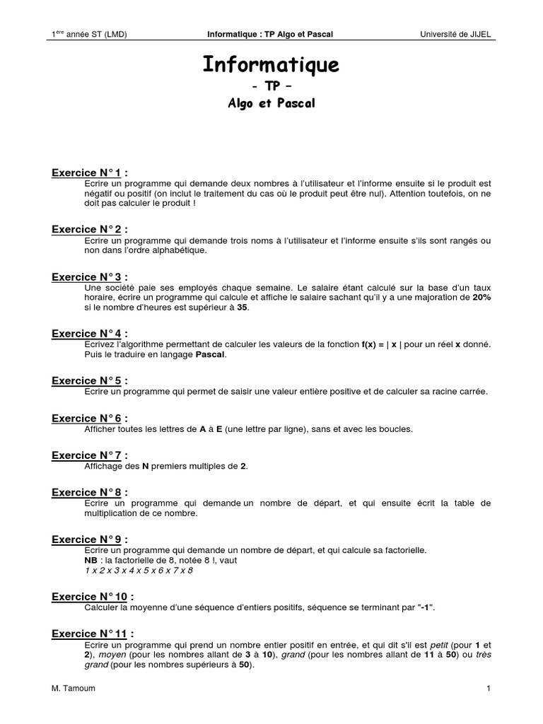 TP Algo et Pascal - Exercices Pratiques | PDF | Programme informatique ...