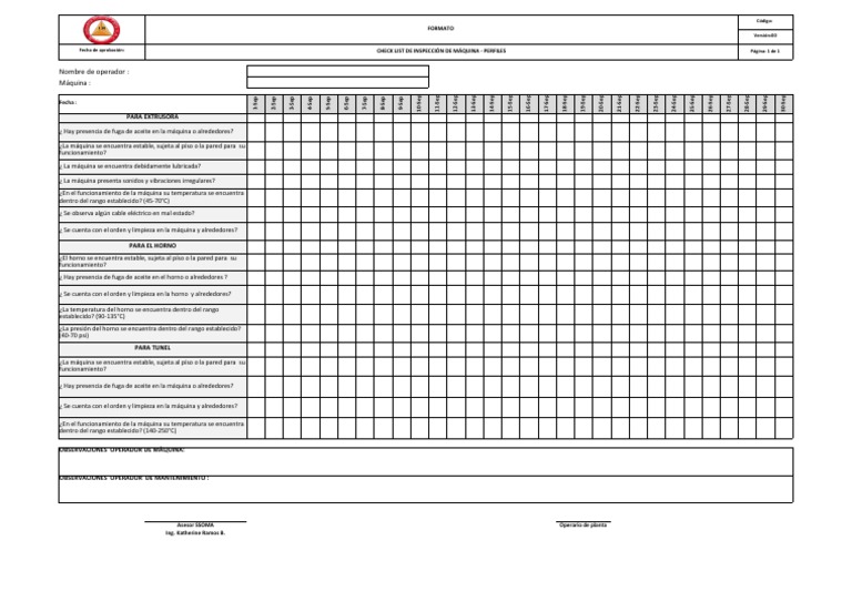 F-001-MA CHECK LIST DE INSPECCIÓN DE MÁQUINA-PERFILES, VER 00 | PDF ...
