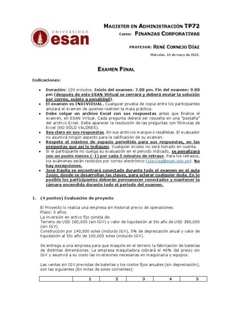 Examen Final Finanzas Corporativas | PDF | Deuda | Negocios económicos