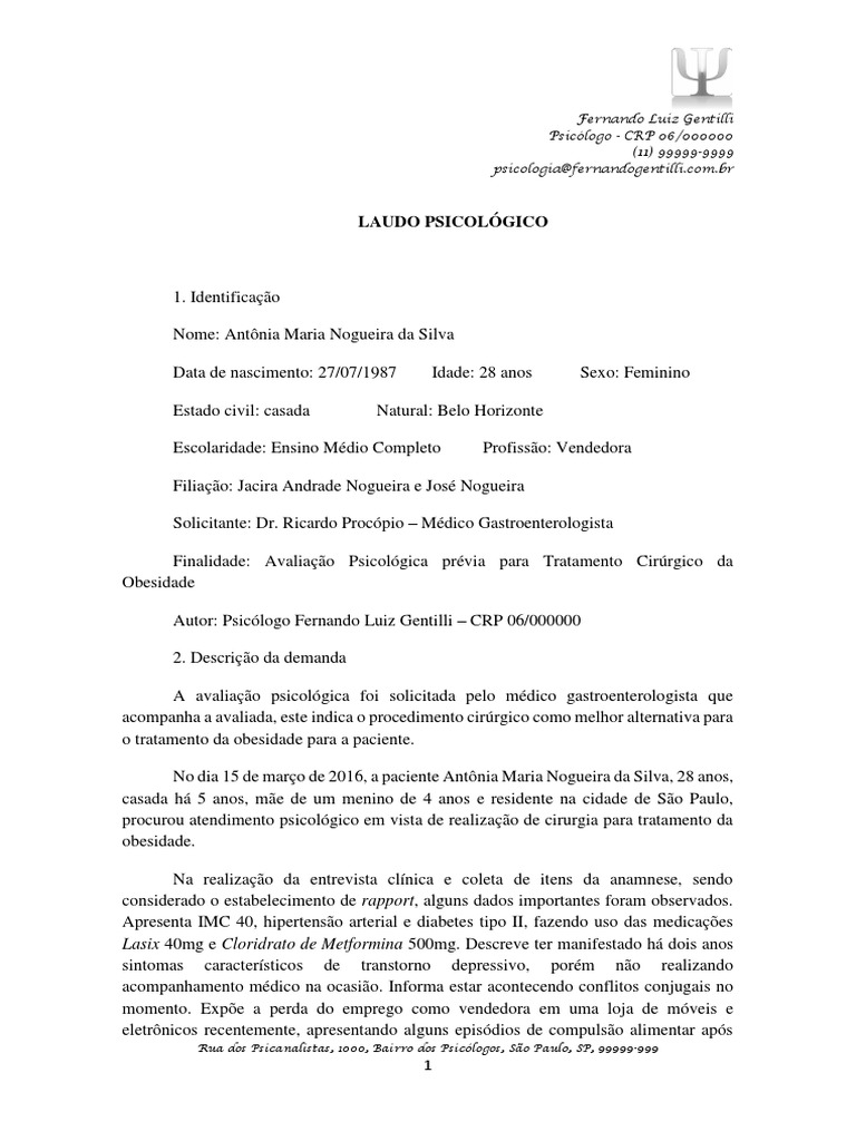 Modelo de laudo psicol gico pdf psicologia obesidade