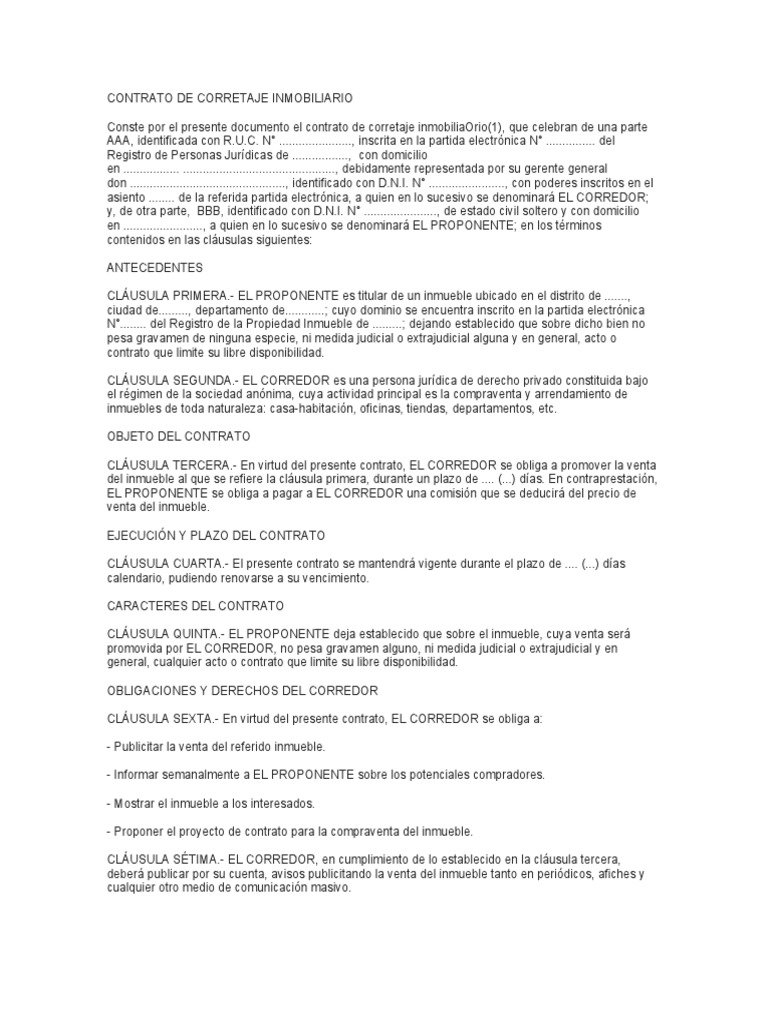 Contrato De Corretaje Inmobiliario Modelo Pdf Arbitraje Derecho Privado