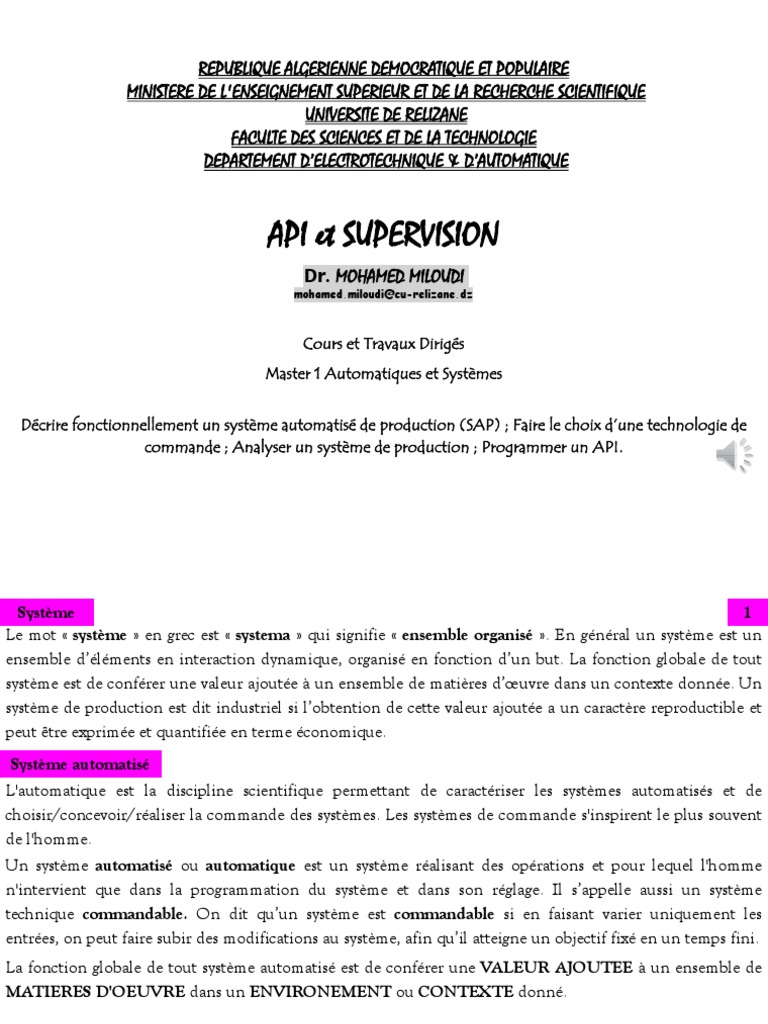 Cours sur API et Supervision Automatisée | PDF | Entrée/Sortie | Piston