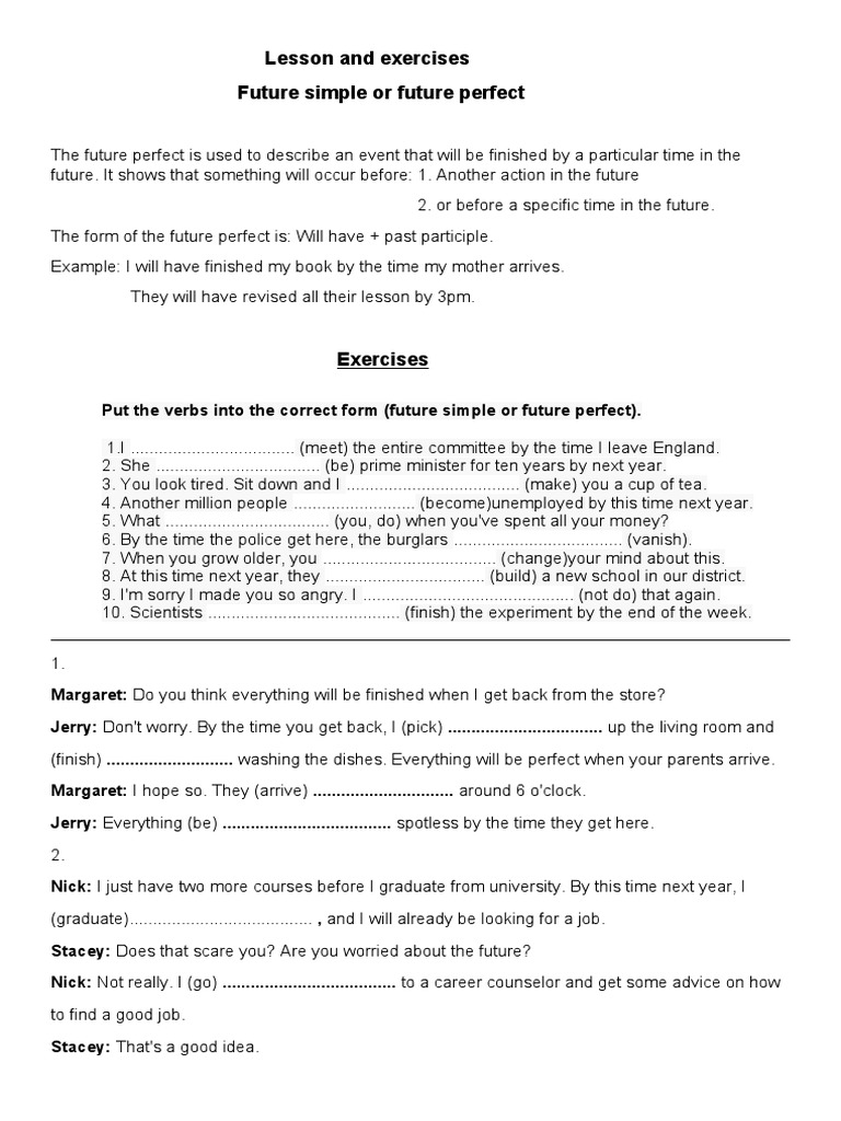 Future Simple vs. Future Perfect Exercises | PDF | Linguistics