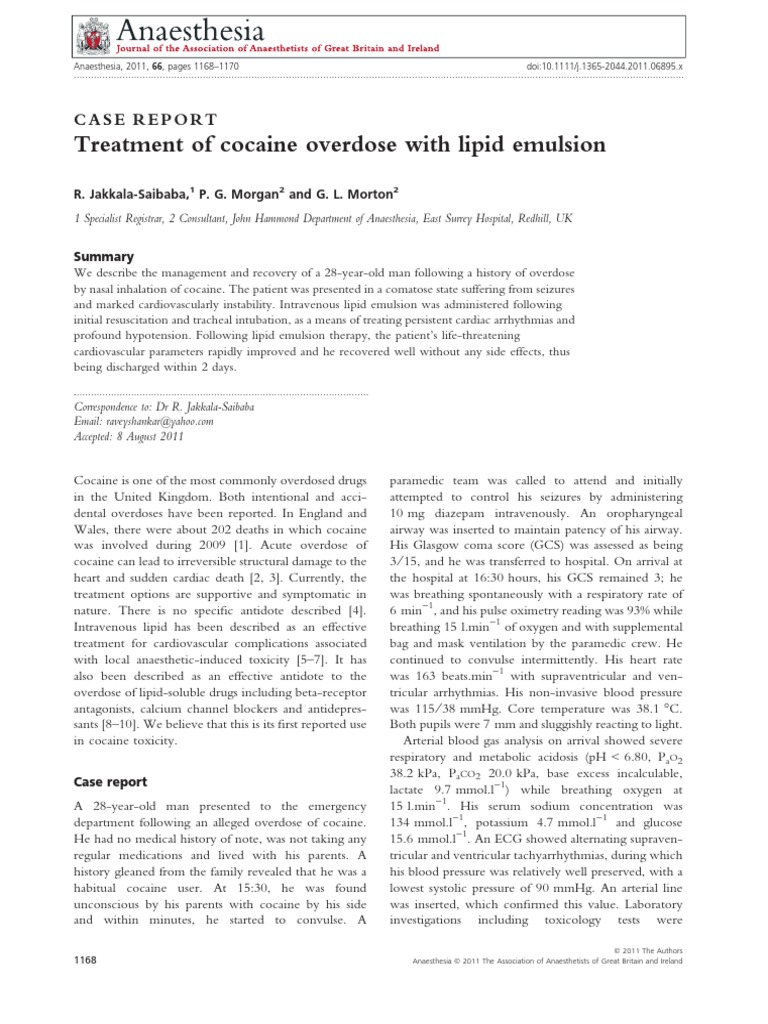 Treatment of Cocaine Overdose With Lipid Emulsion PDF Intravenous