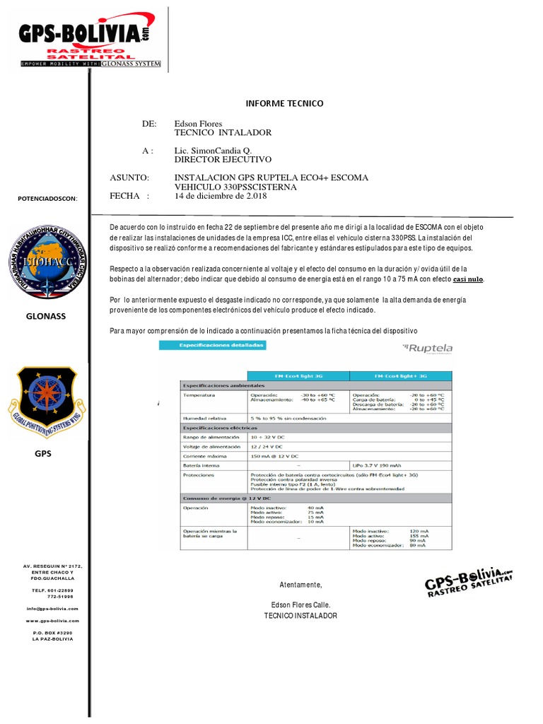 Informe de Instalación GPS RUTPELA ECO4+ | PDF