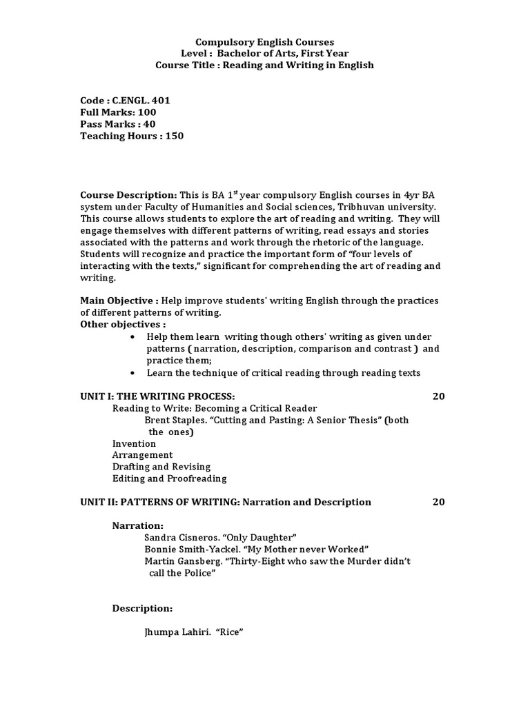 BA 1st Year English Compulsory Syllabus | PDF