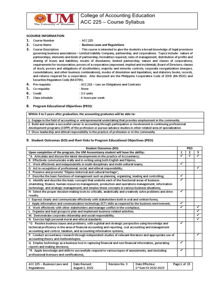 ACC 225 Business Laws and Regulations Syllabus PDF