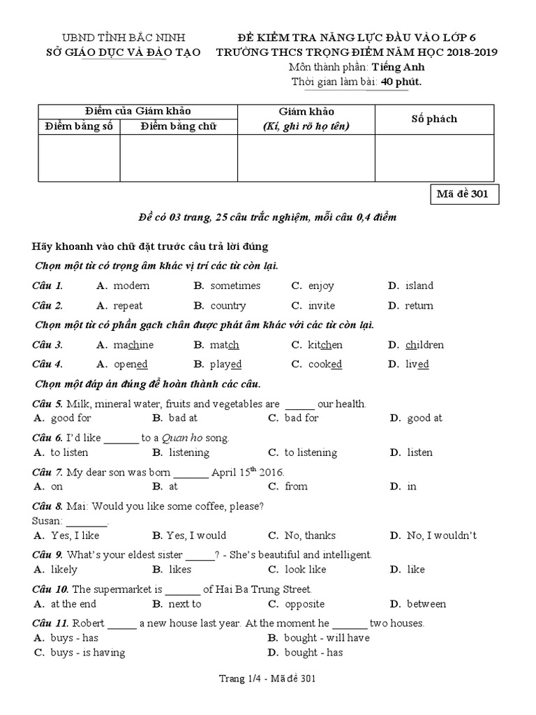 De Thi Tieng Anh Vao Lop 6 Truong Chuyen Bac Ninh Ma de 301 20182019 | PDF
