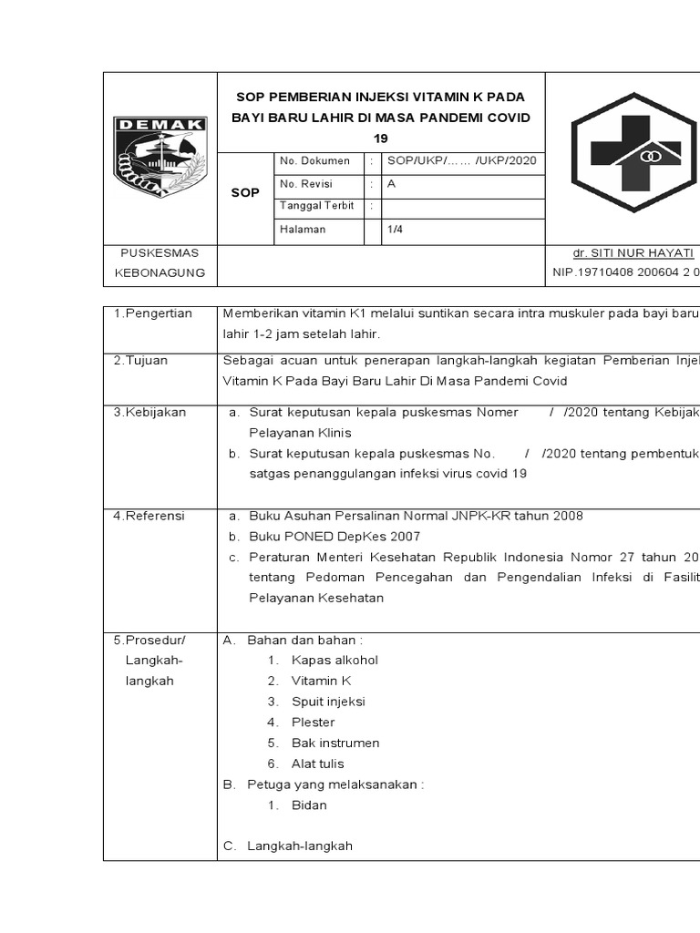STANDAR OPERASI PROSEDUR PEMBERIAN INJEKSI VITAMIN K PADA BAYI BARU