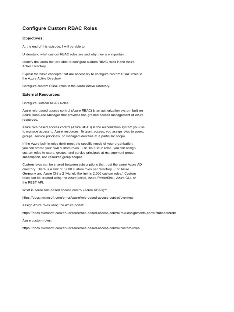Microsoft Az 500 4 3 1 Configure Custom Rbac Roles PDF PDF