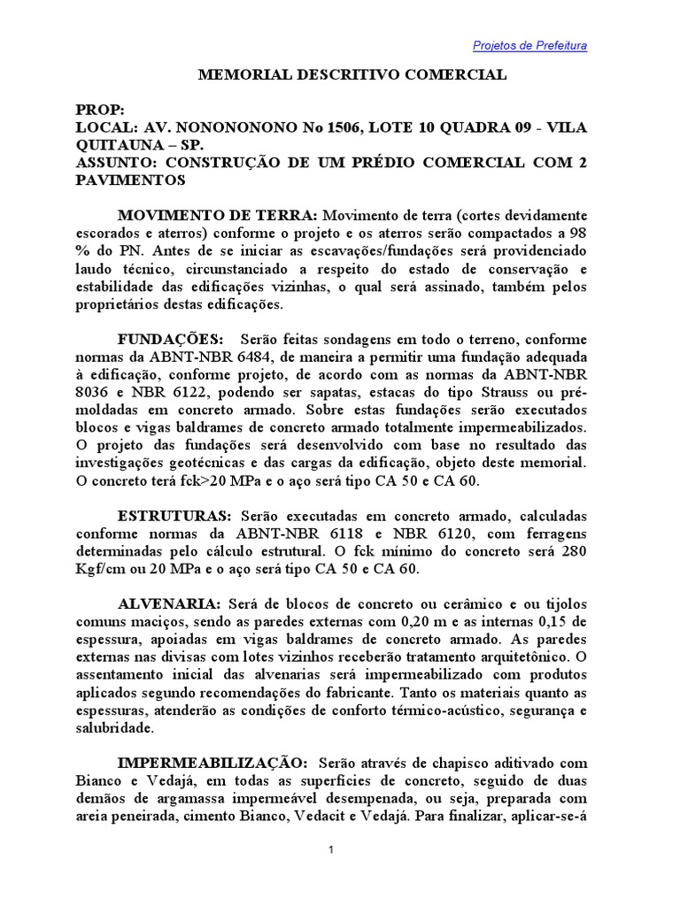 Memorial Descritivo de Prédio Comercial | PDF | Teto | Elementos ...