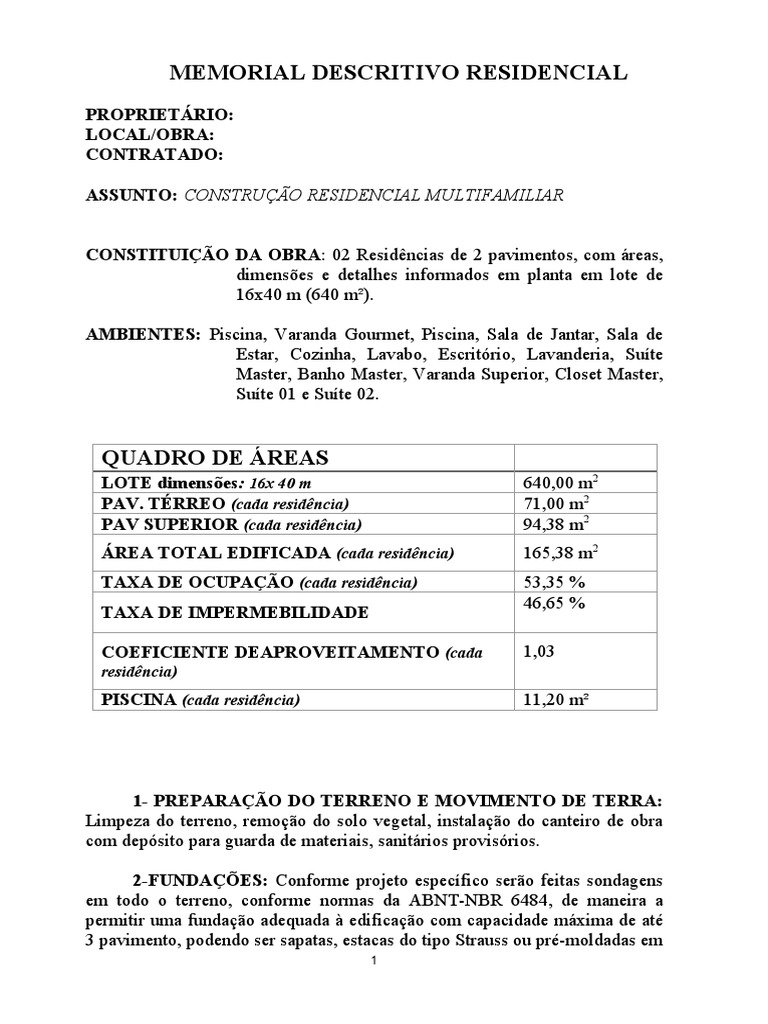 Memorial Descritivo de Construção Residencial | PDF | Argamassa ...