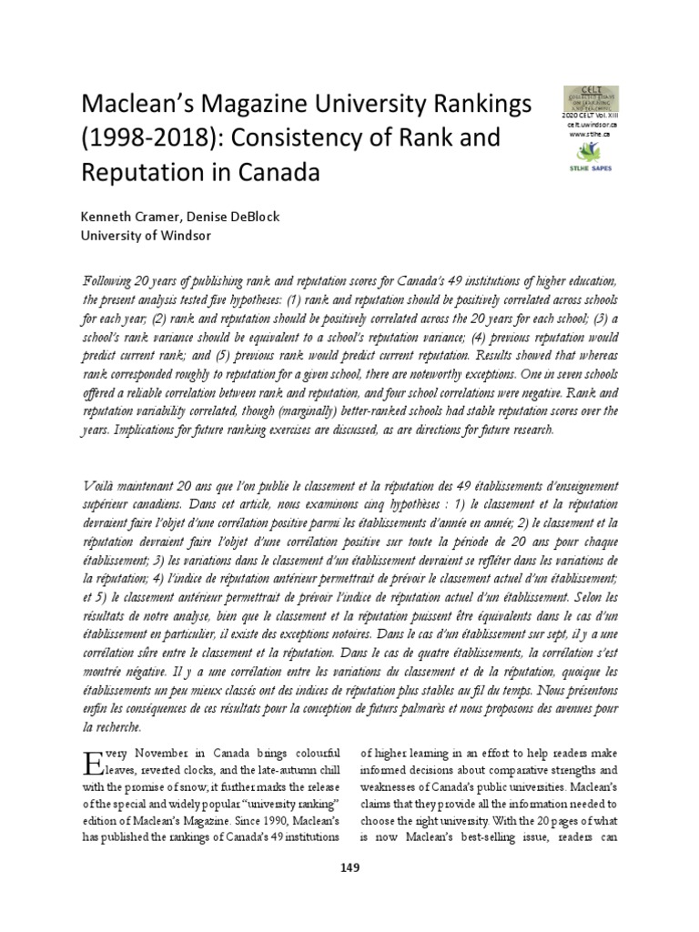 Macleans Magazine University Rankings 19982018 PDF PDF