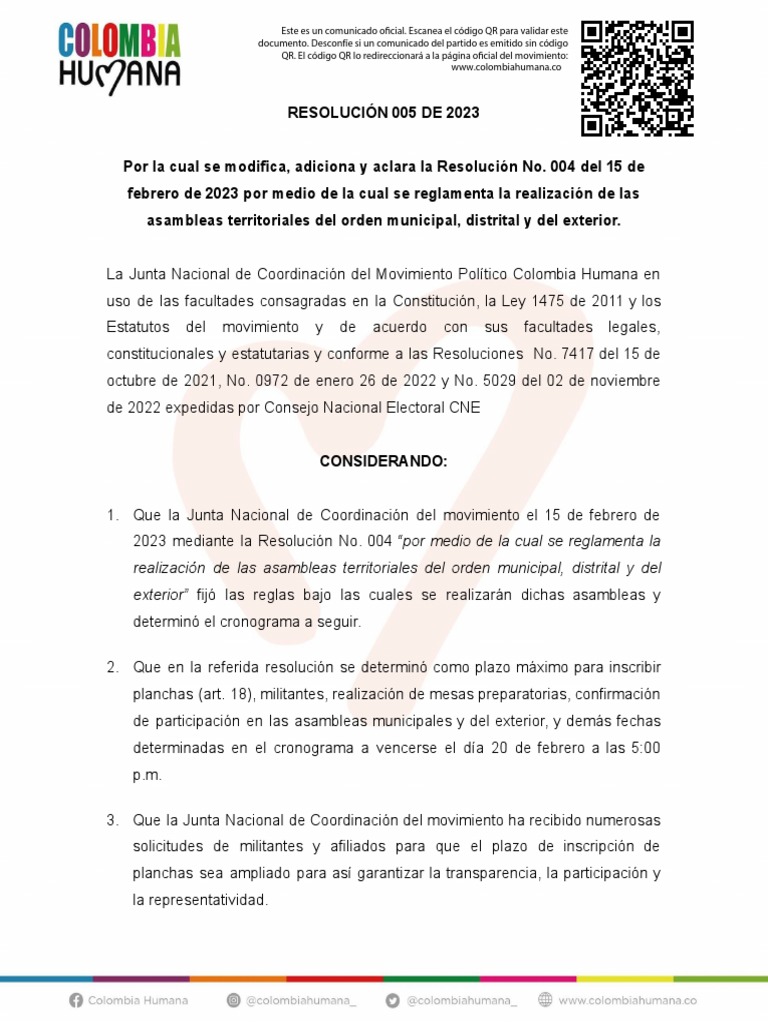 RESOLUCIÓN 005 modificatoria de la 004 | PDF