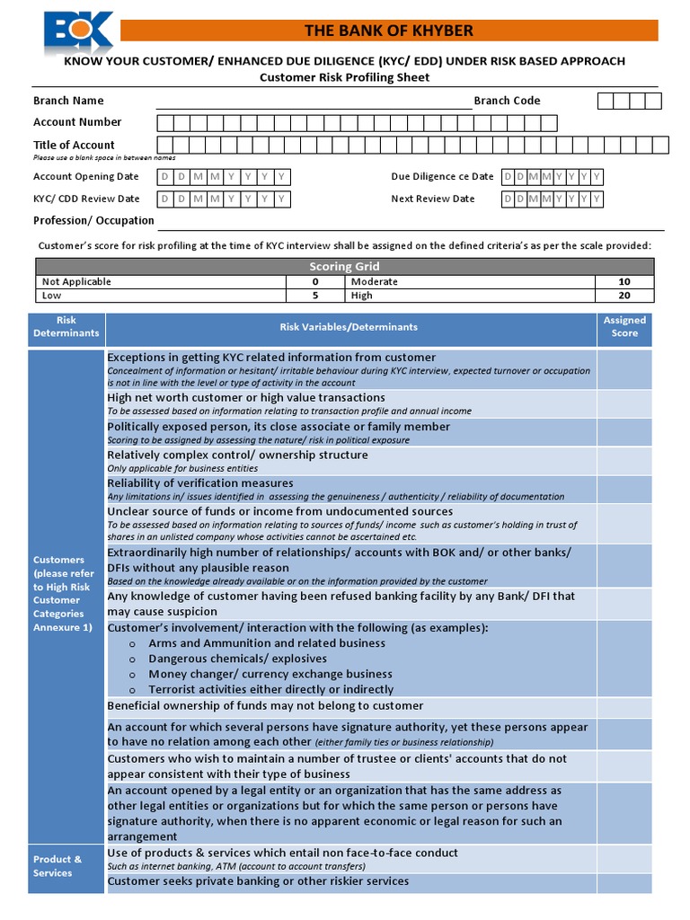 BoK - BPI AO - Final Customer Risk Profiling (CRP) Format | PDF | Banks