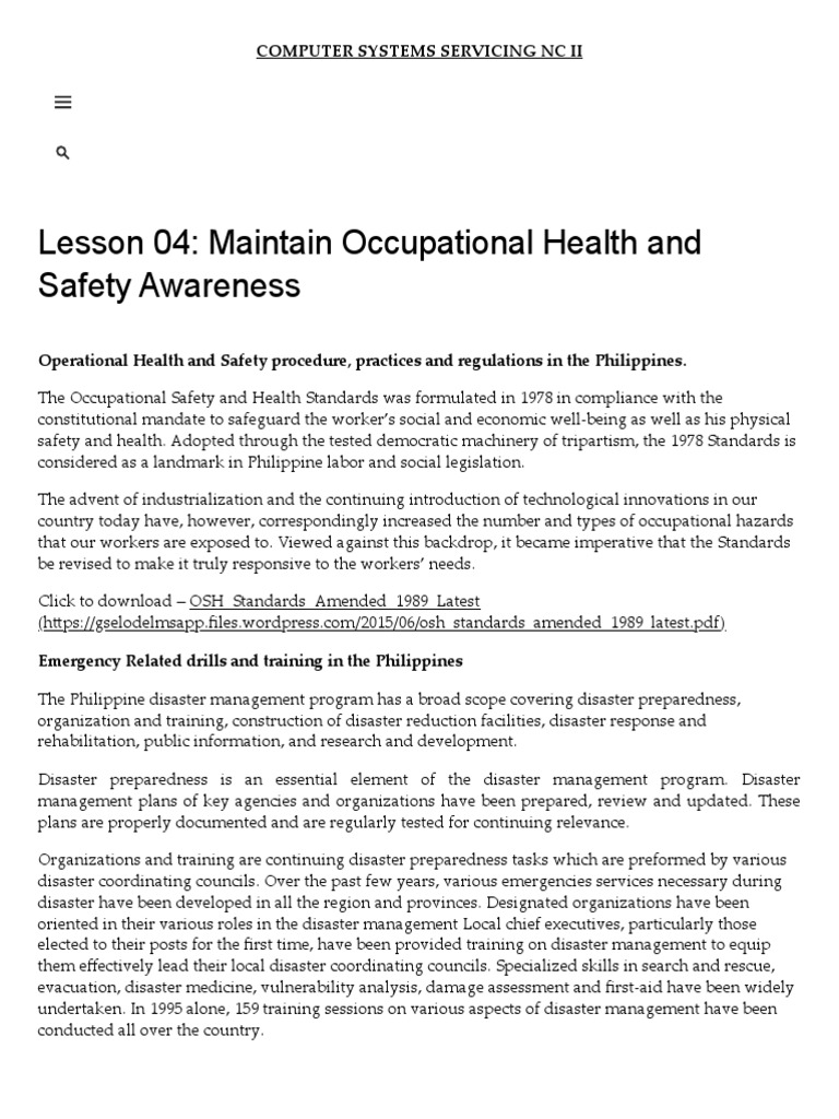 Lesson 04 Maintain Occupational Health and Safety Awareness