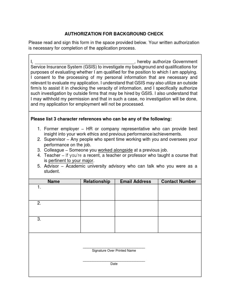 Gsis authorization to background check pdf