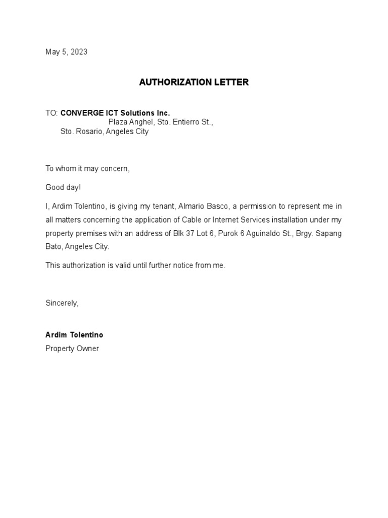 Authorization Letter for Internet Service | PDF | Games & Activities | Law