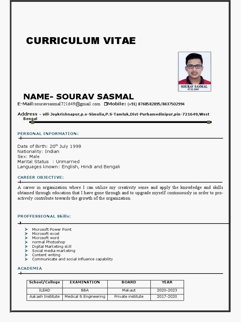 BMM Graduate CV of Sourav Sasmal | PDF