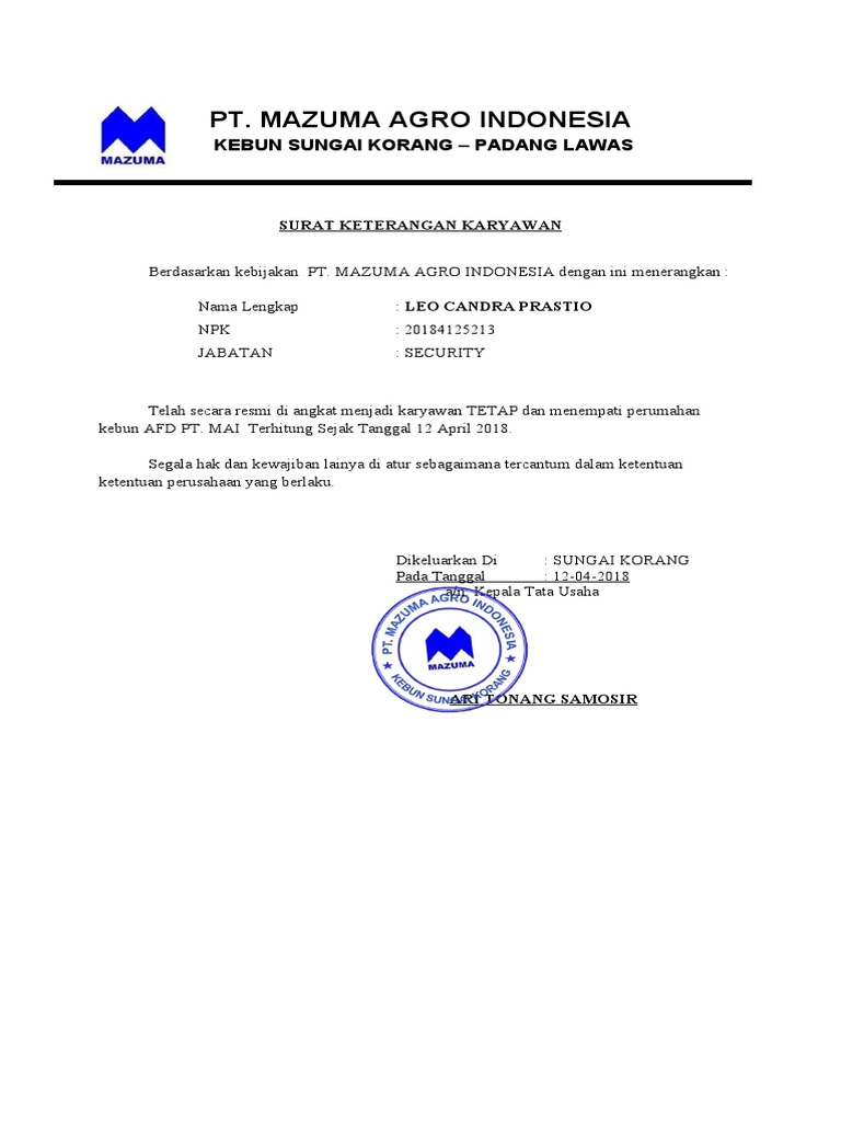 Surat Keterangan Karyawan Tetap Leo Candra | PDF