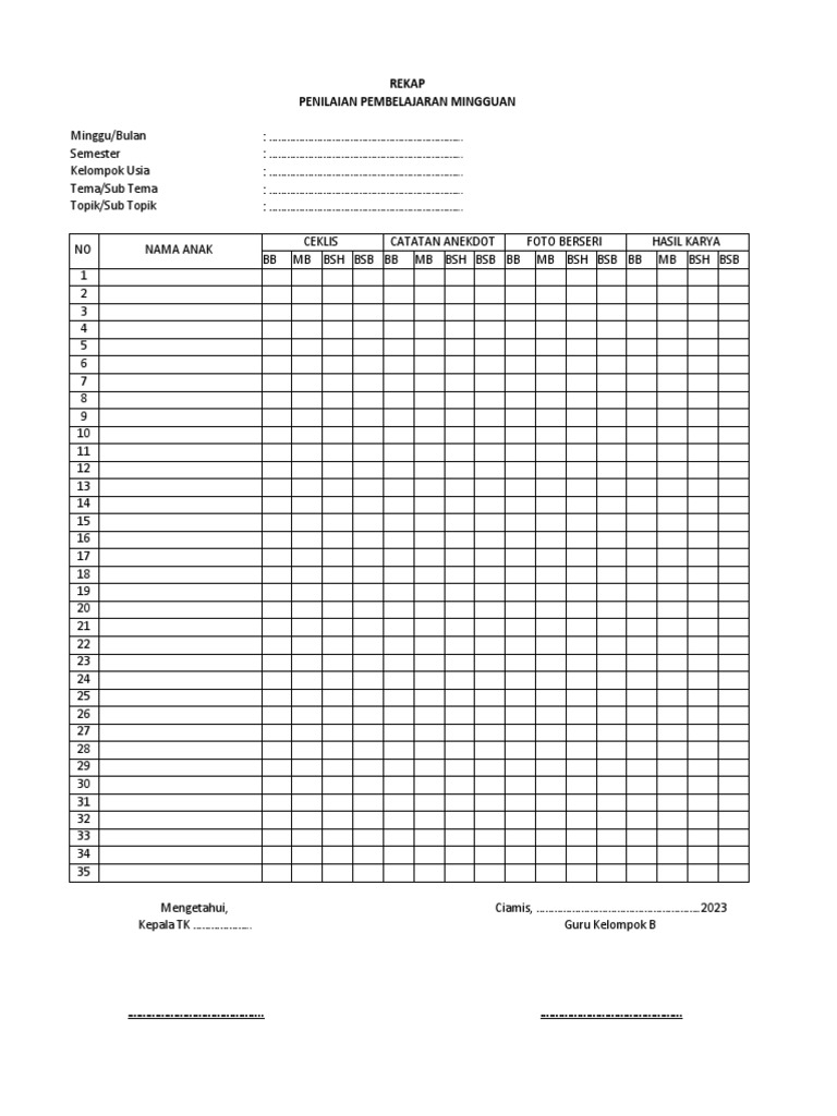Formulir rekap penilaian pembelajaran mingguan download format excel