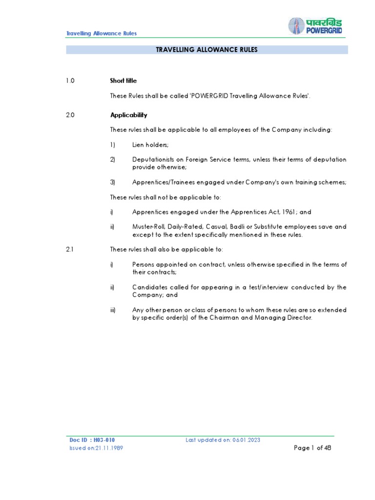 POWERGRID Travelling Allowance Rules | PDF | Per Diem