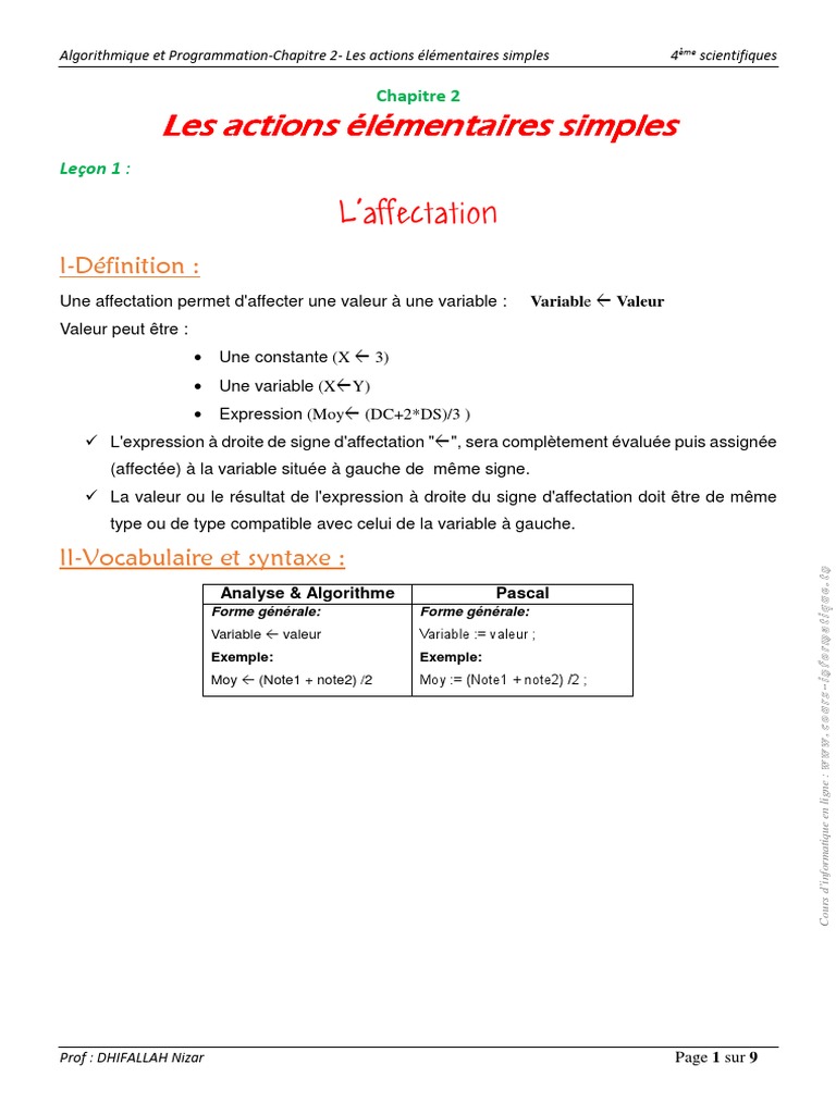Définition et Syntaxe de l'Affectation | PDF | Variable (informatique ...