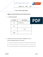 Leaders International College MYP 2 Science Unit 2 Food & Body Systems Worksheet