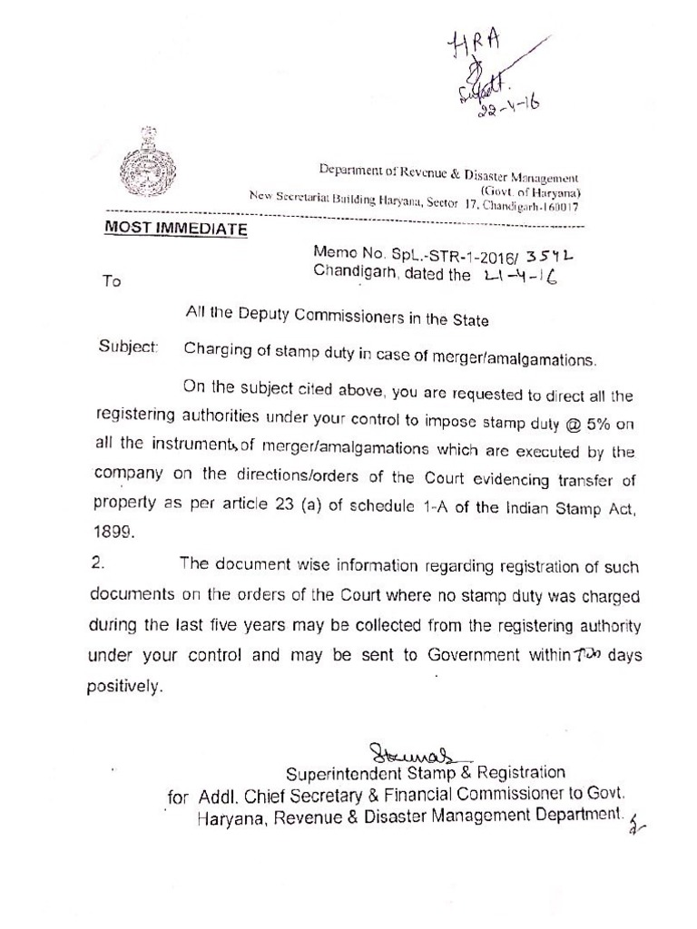 Haryana Rate of Stamp Duty For Scheme of Amalgamation (2016) 5 PDF