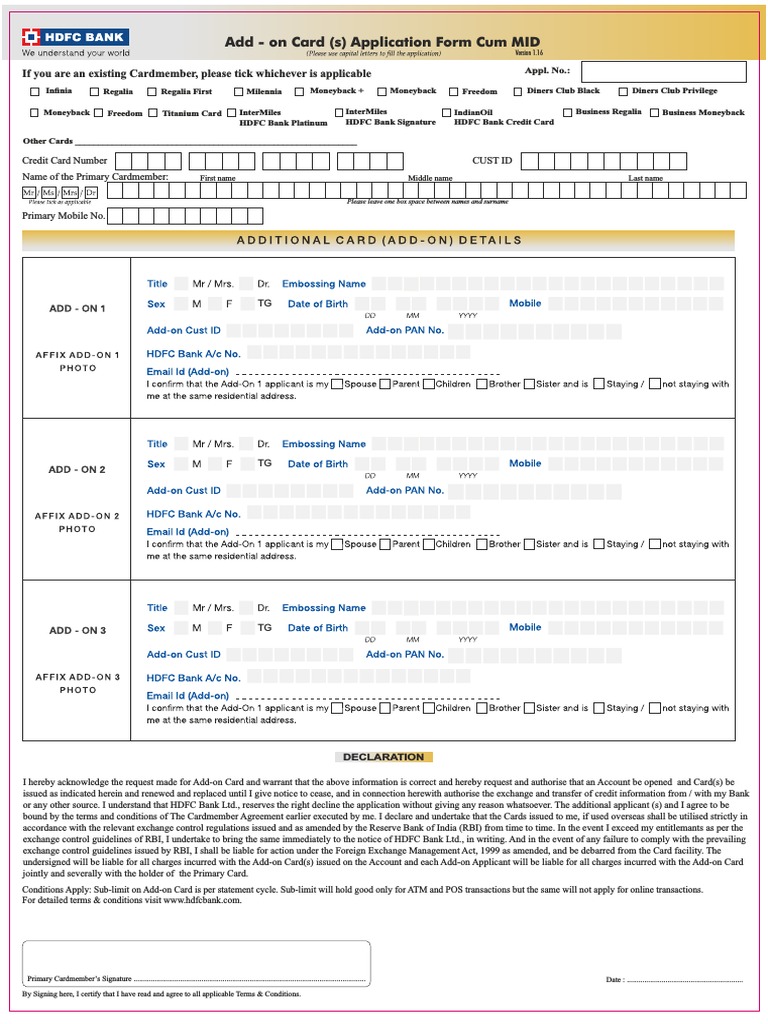 HDFC Card Addon Application Form | PDF | Government And Personhood