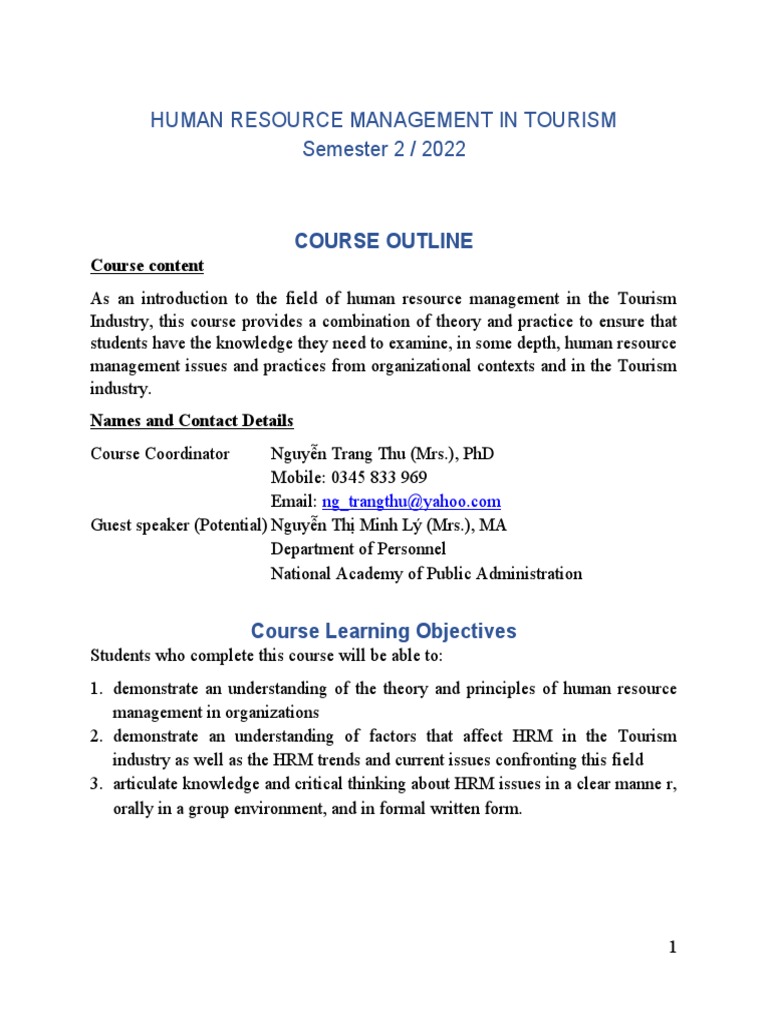 Course Outline - HRM in Hospitily and Tourism. 4 | PDF | Human Resource ...