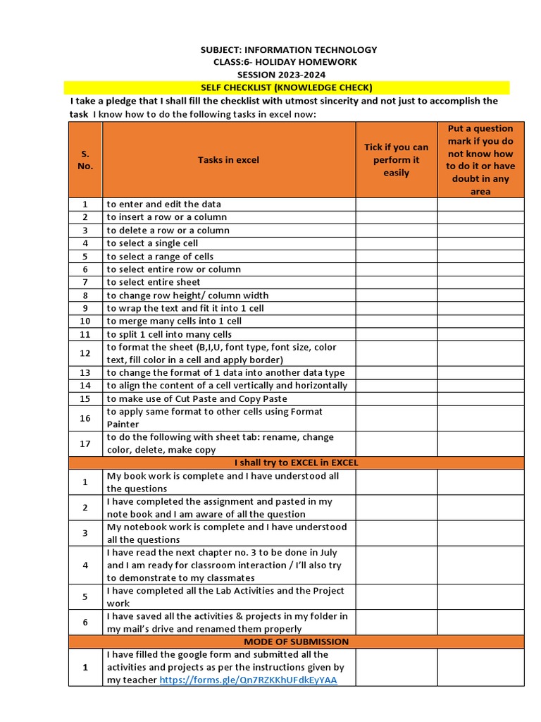 Self checklist ms excel class 6 pdf microsoft excel computing