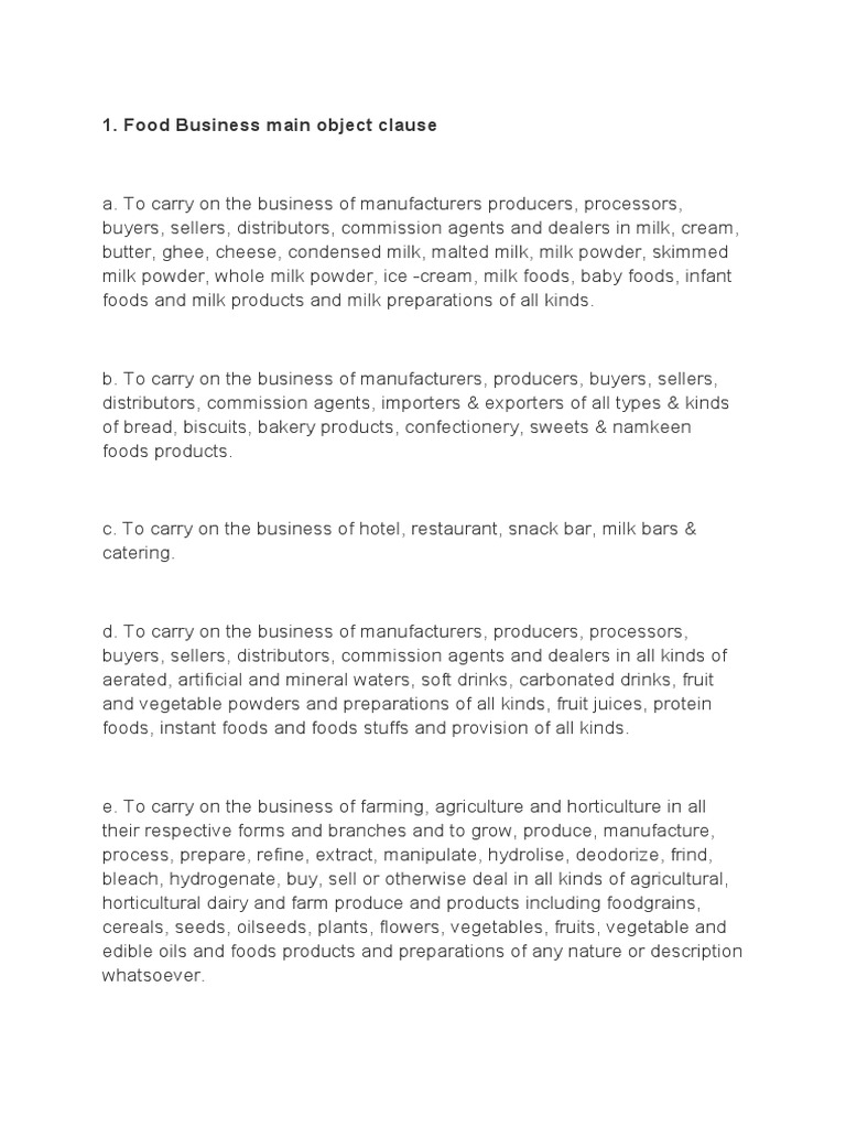 Food Business Main Object Clause | PDF