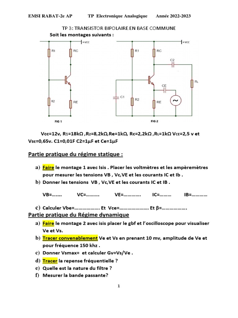 TP 3 Transistor Bipolaire en Base Commune Partie Pratique Du Régime