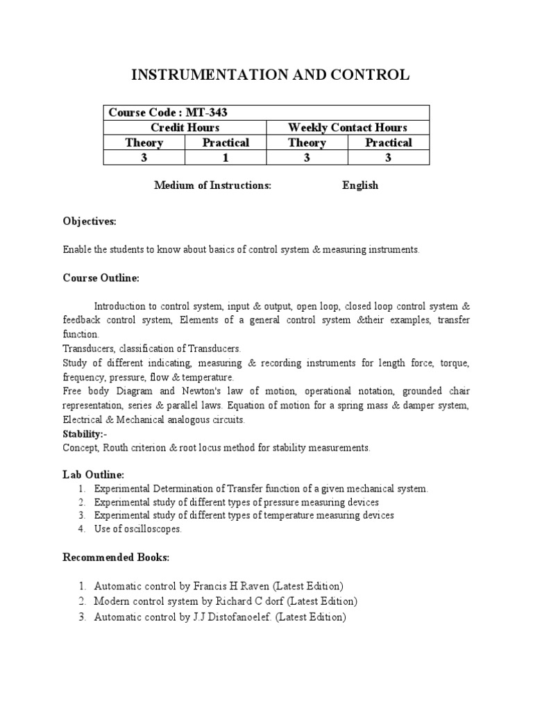 Course Outlines for Mechanical Students (5th Semester) PDF