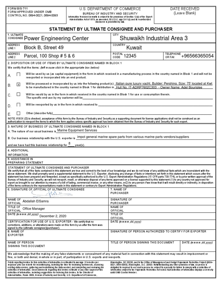 BIS-711 End User Certificate Form | PDF | Business | Government
