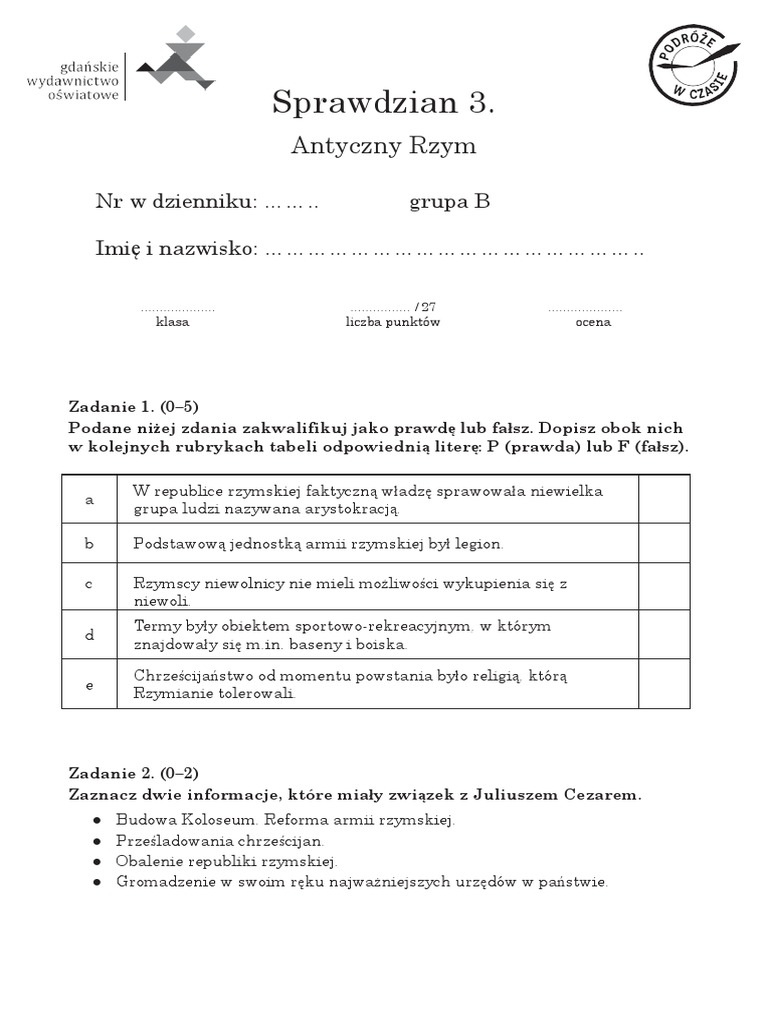 Test Klasa 5 Historia Dzial 3 Sprawdzian 3 Historia Kl.V- Grupa B Antyczny Rzym | PDF