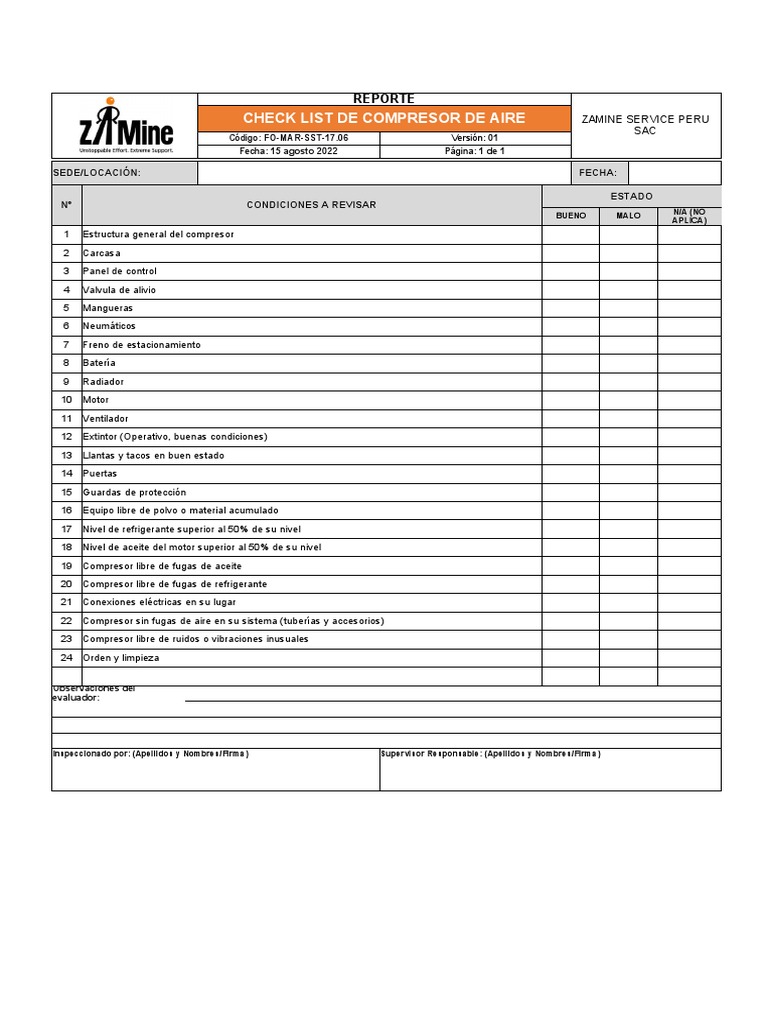 Check List para Compresor de Aire | PDF