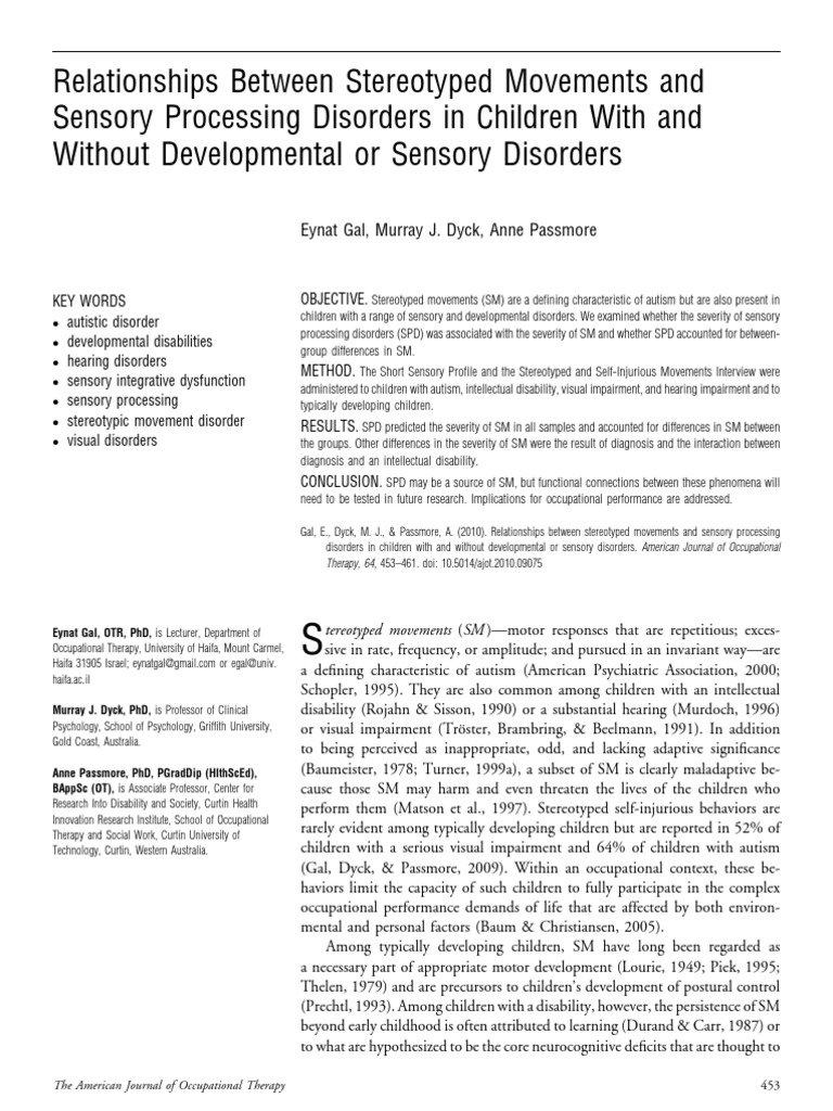 Steryotiped movements Sensory Processing Disorders PDF Autism