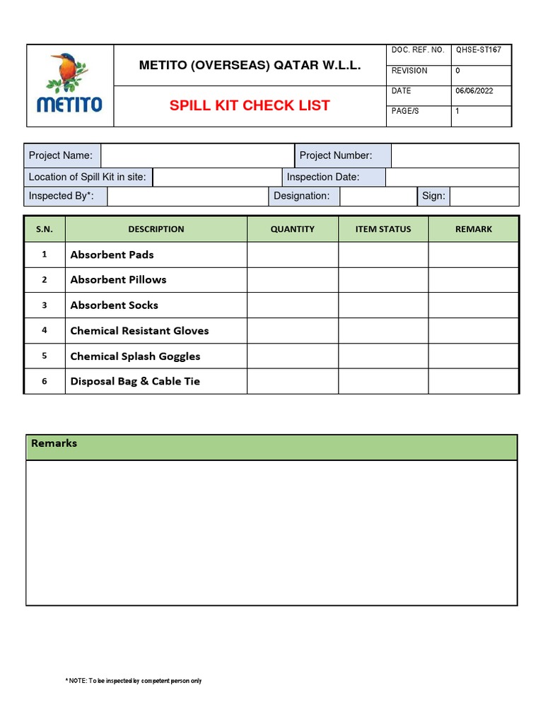 Spill Kit Inspection Checklist | PDF
