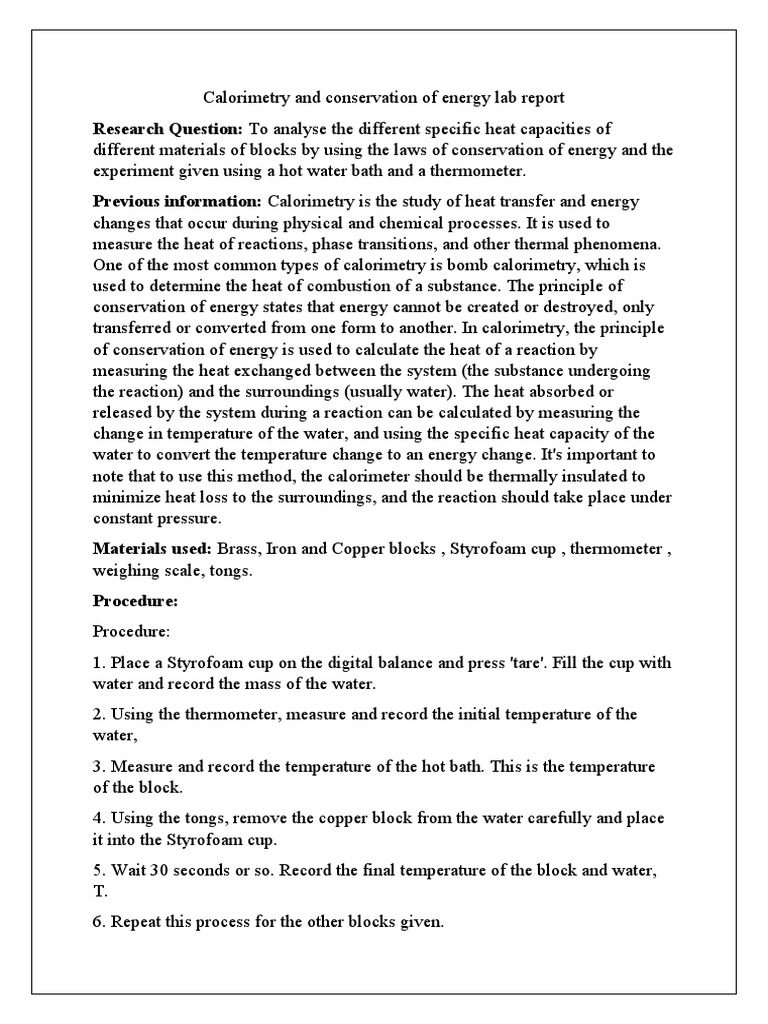 Calorimetry and Conservation of Energy Lab Report | PDF | Heat ...