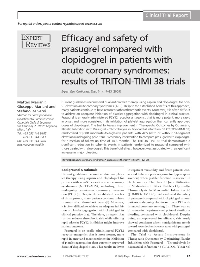 Efficacy and Safety of Prasugrel Compared With Clopidogrel in Patients With Acute Coronary