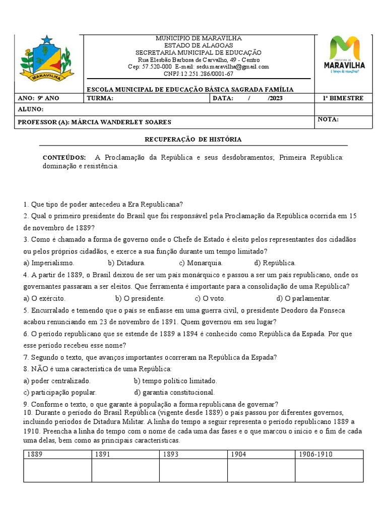 Prova de Recuperação 1º Bimestre 7º e 9º | PDF | República ...