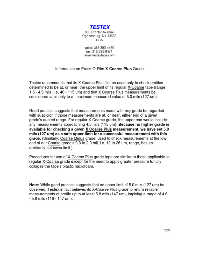 Testex XCoarse Plus Grade Tape Measurement Guide PDF