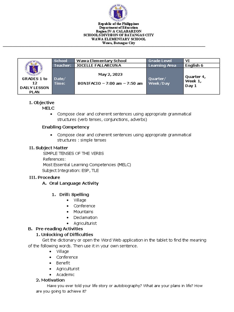Quarter 4 Week 1 Day 1 Simple Tenses | PDF | Wellness