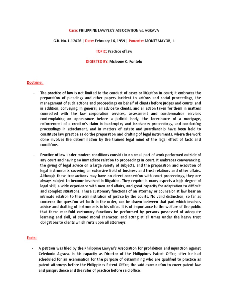 DIGEST PHILIPPINE LAWYER #39 S ASSOCIATION vs AGRAVA PDF Lawyer Patent
