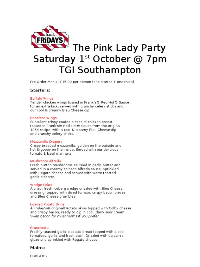 The Pink Lady Party Menu | PDF | Salad | Hamburgers