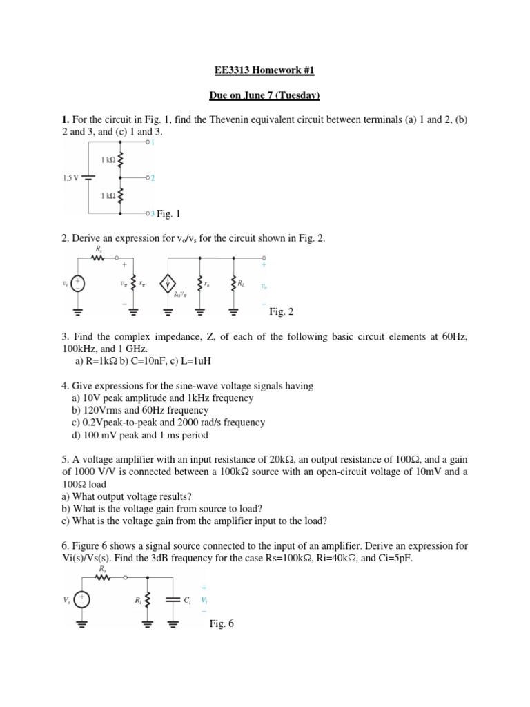 EE3313 Homework #1: Circuit Analysis Tasks | PDF